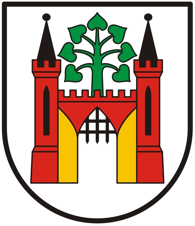 Herb miasta - zielona lipa w czerwonej bramie z żółtą bramą